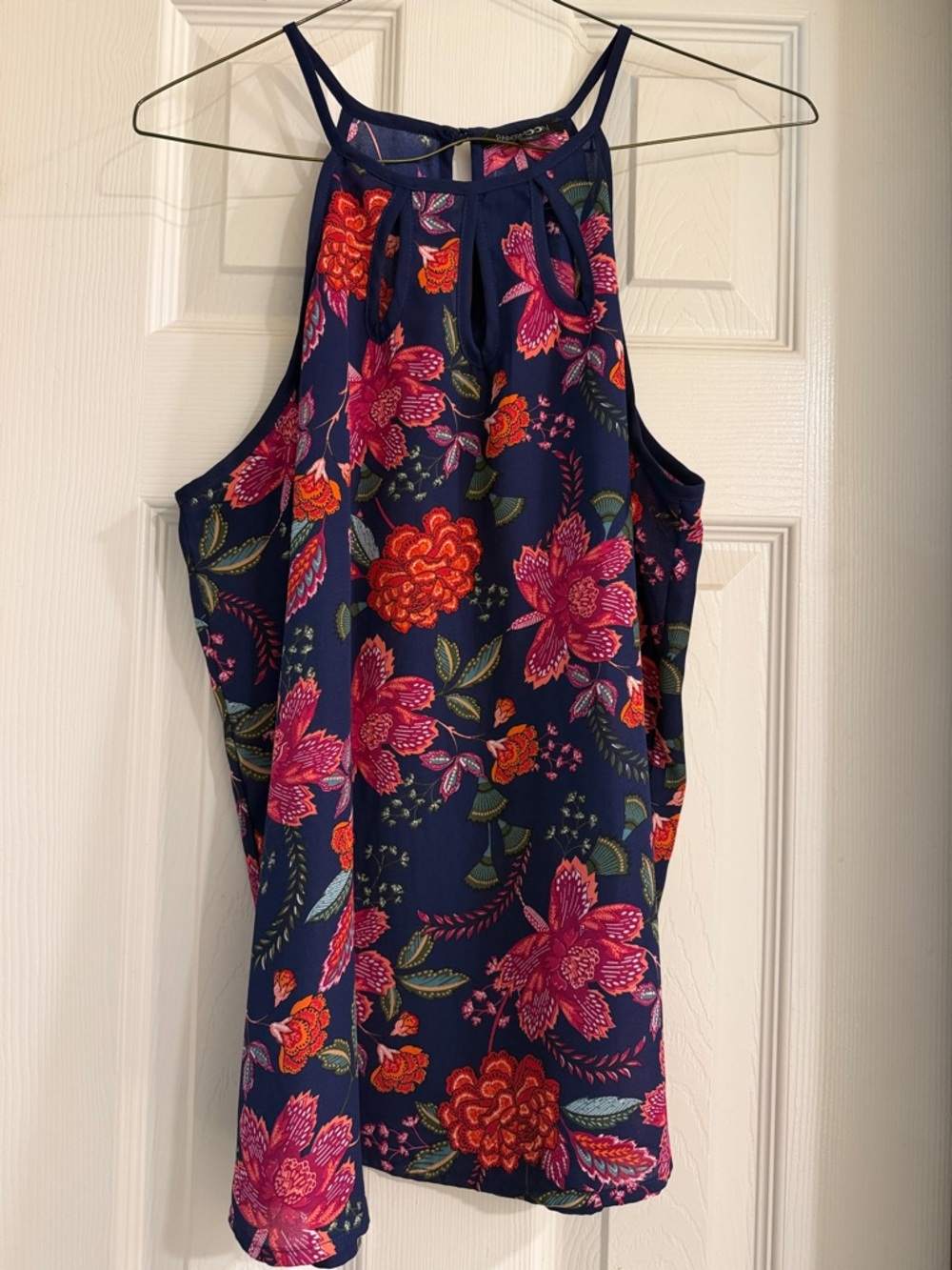 Papermoon Navy Floral Halter Tank Top with Pink & Orange Flowers